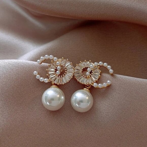 2/$24 Gold-Plated Pearl & Rhinestone Statement Earrings - Picture 6 of 7